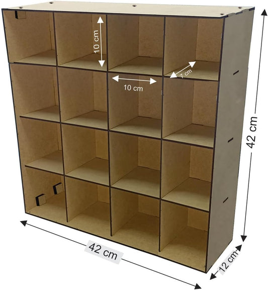 Caja de Exhibición Organizador con 16 Divisiones con Puertas MDF 3mm (Externa 42x12x42cm División 10x10x10cm)